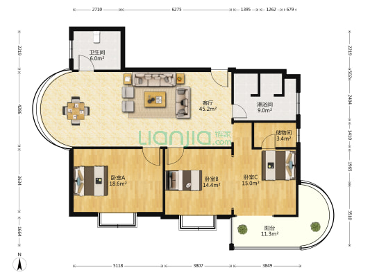 临江花园 3室1厅2卫 163平方