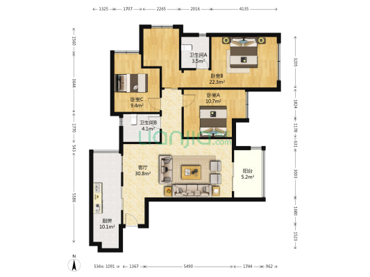 保利爱尚里尚景 3室1厅2卫 109平方