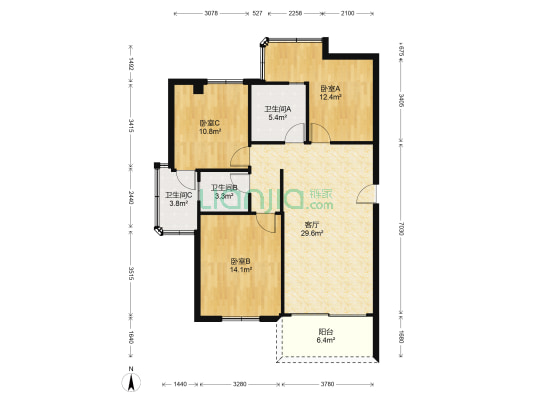 雅致街 3室1厅3卫 108平方