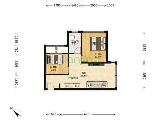 中铁·子悦薹二期悦公馆 2室1厅1卫 55平方