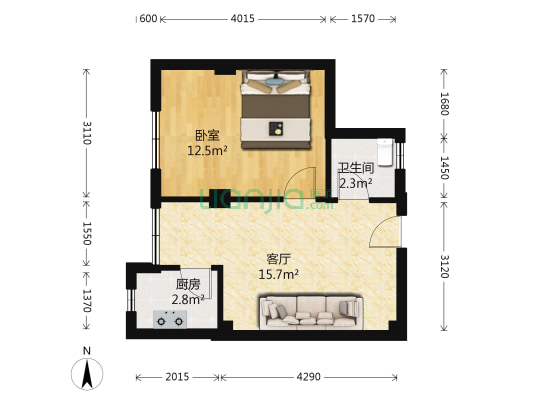 同丰大厦 1室1厅1卫 43平方