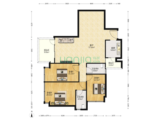 蔚蓝阁B区 3室1厅2卫 151平方