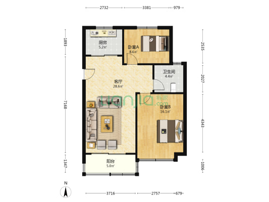 河西屯社区 2室1厅1卫 95平方