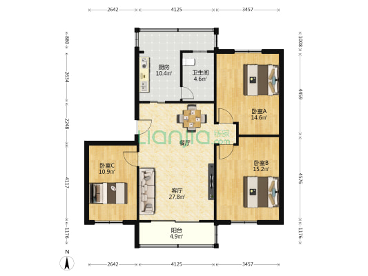 供水宿舍 3室1厅1卫 104平方