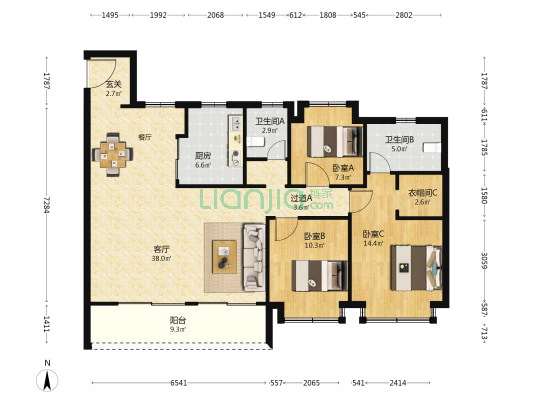 愉樾天成 3室1厅2卫 136平方