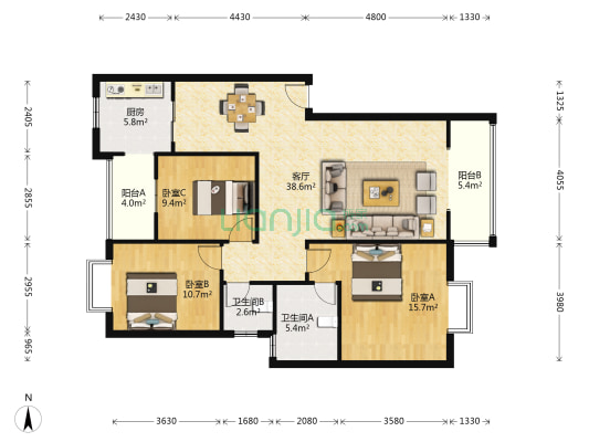 南山花园 3室1厅2卫 116平方