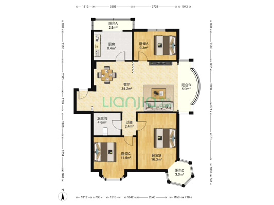 三隆世纪城 3室1厅1卫 130平方