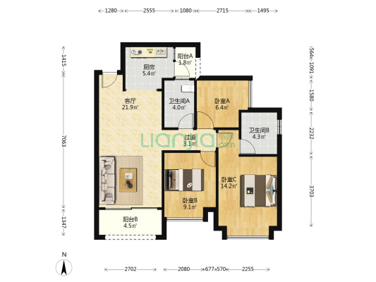 恒大南苑 3室1厅2卫 95平方