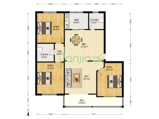天九小区 3室2厅2卫 138平方