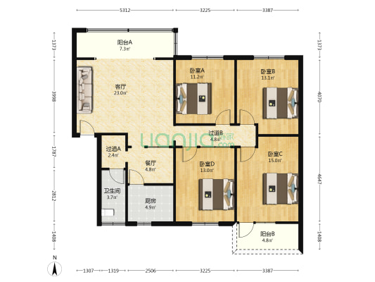 交通局机关大院宿舍 4室2厅1卫 121平方