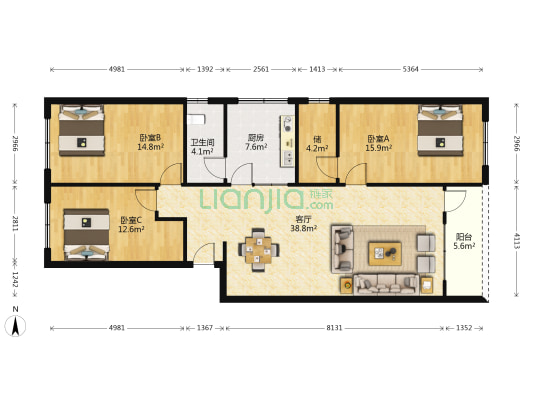鸿运街 3室1厅1卫 133平方