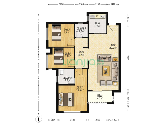 合能枫丹丽舍 3室1厅2卫 103平方
