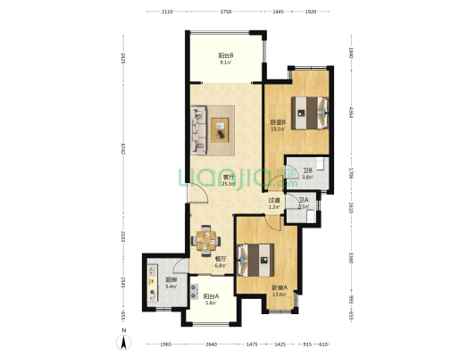 欧郡瑞朗花苑 2室2厅2卫 105平方