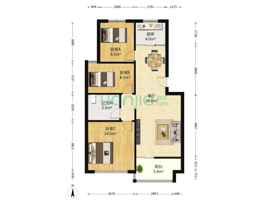 明四隆福家园 3室1厅1卫 97平方