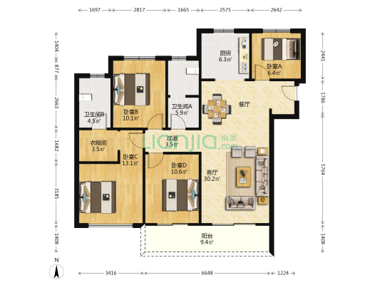 融创城开中原宸院二期 4室1厅2卫 140平方