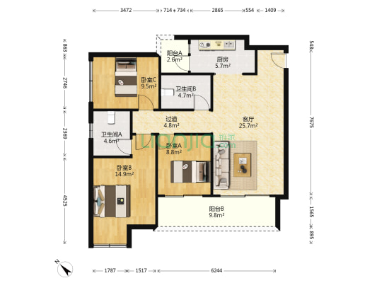 金科金辉博翠山鉴博B 3室1厅2卫 104平方
