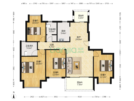 龙湖昱湖壹号嘉镧 4室1厅2卫 140平方