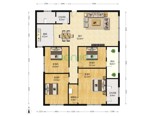 湖北省老干部局宿舍 4室1厅2卫 168平方