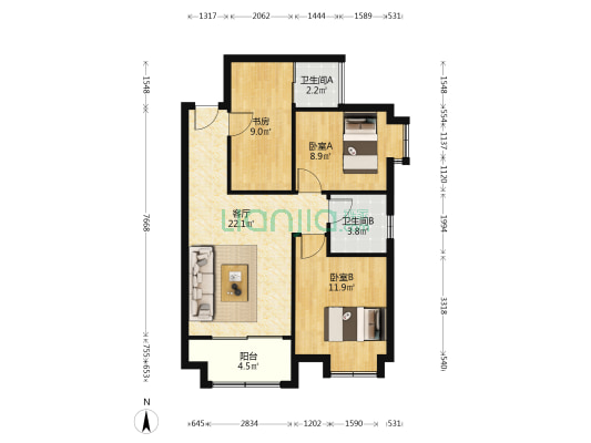 金晟年华 3室1厅2卫 80平方