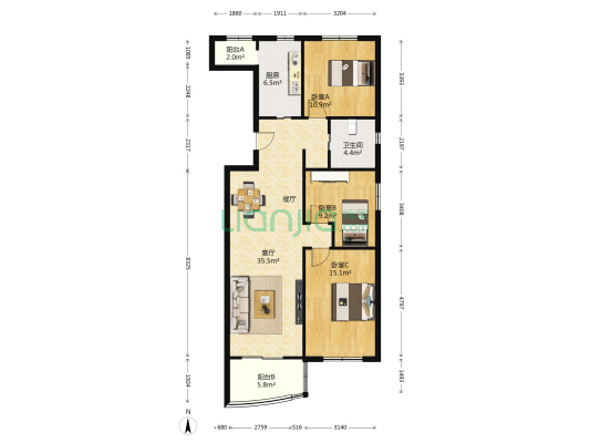 金棕榈公寓 3室1厅1卫 121平方