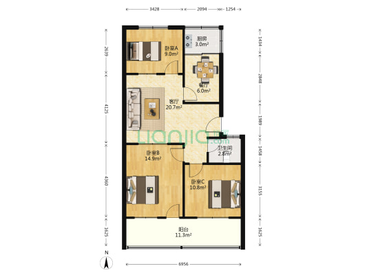 春雨小区 3室2厅1卫 86平方