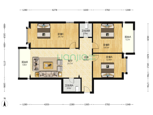 鸿创大厦 3室1厅2卫 123平方