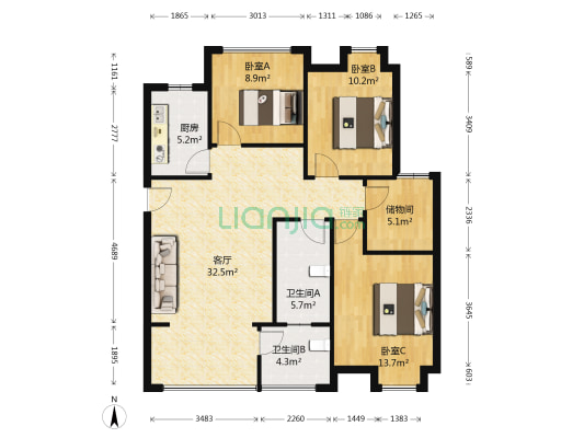 泰禾新景 3室1厅2卫 124平方