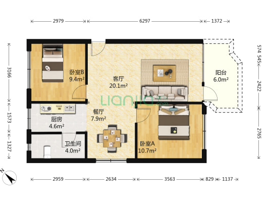 粮所宿舍 2室2厅1卫 75平方