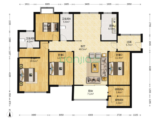 景鸿城市之心 4室1厅2卫 176平方