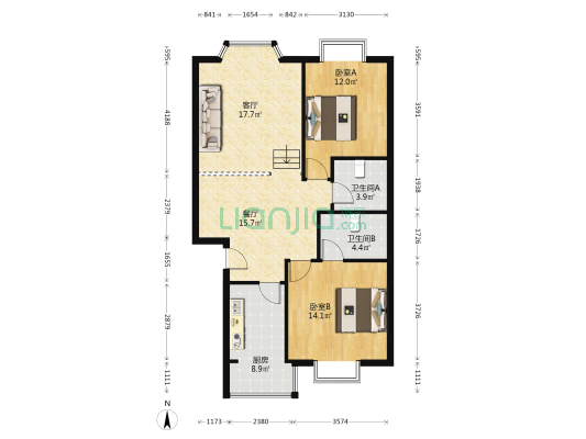 书香芳邻二期 2室2厅2卫 90平方