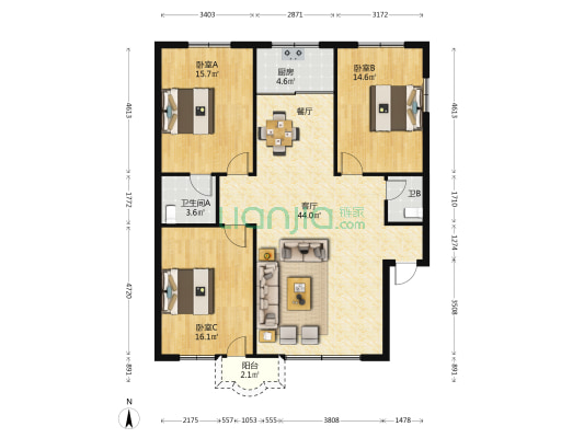 集资花园 3室1厅2卫 133平方