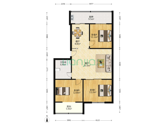 轻工业小区 3室2厅1卫 110平方