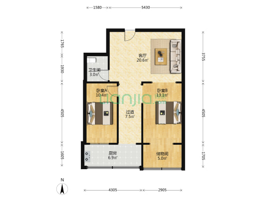 清风东区 2室1厅1卫 80平方