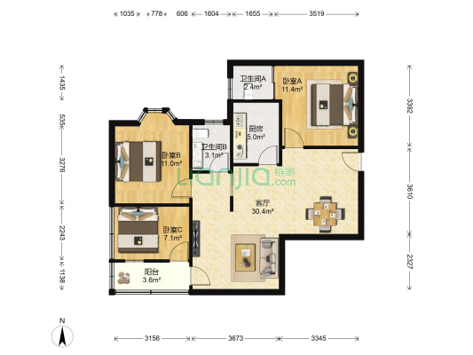 荔景大厦 3室1厅2卫 95平方