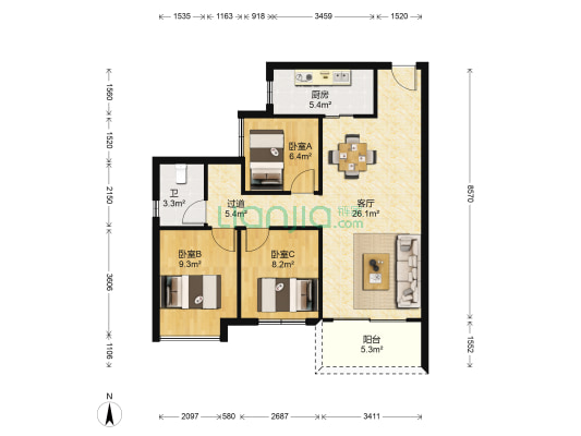 华筑翡翠湾 3室1厅1卫 89平方