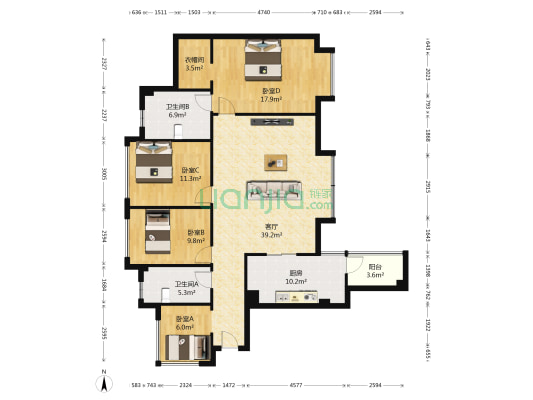 千禧河畔C区 4室1厅2卫 129平方
