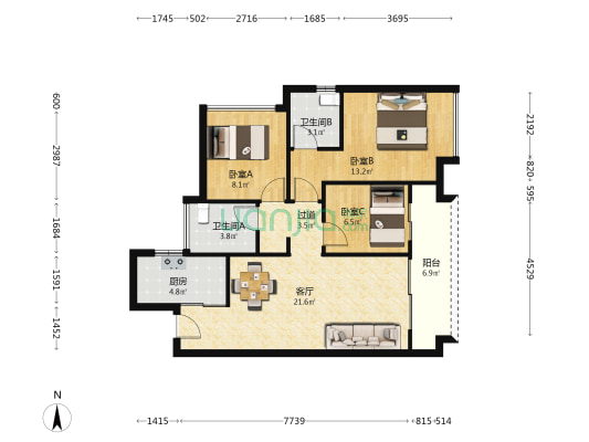 鹏瑞·颐璟府 3室1厅2卫 90平方