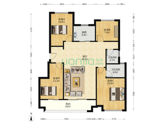 佳兆业滨江新城 4室1厅2卫 124平方