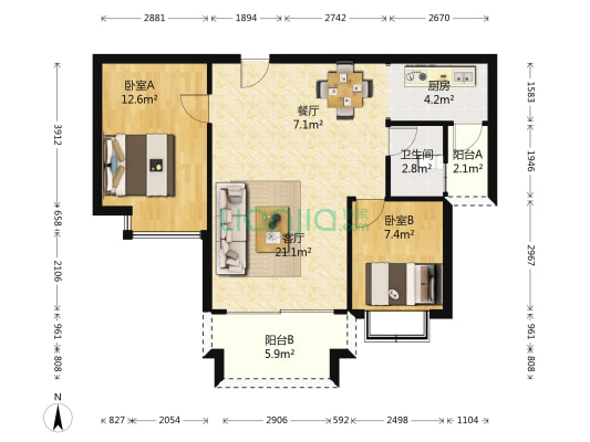 四洲城市经典 2室2厅1卫 76平方