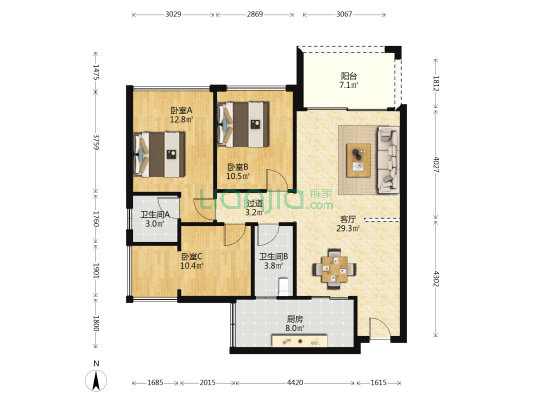 瑞吉轩 3室1厅2卫 105平方