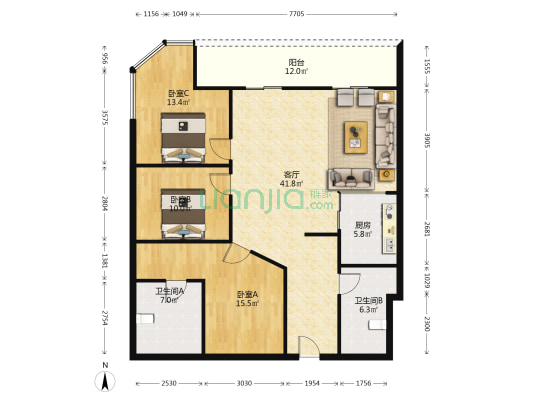 城市假日二期 3室1厅2卫 59平方