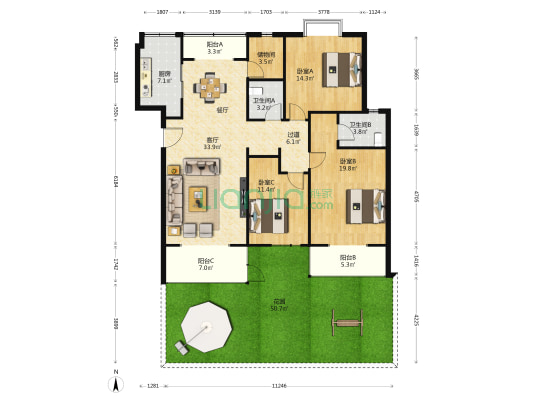 世家星城三期G区 3室1厅2卫 137平方