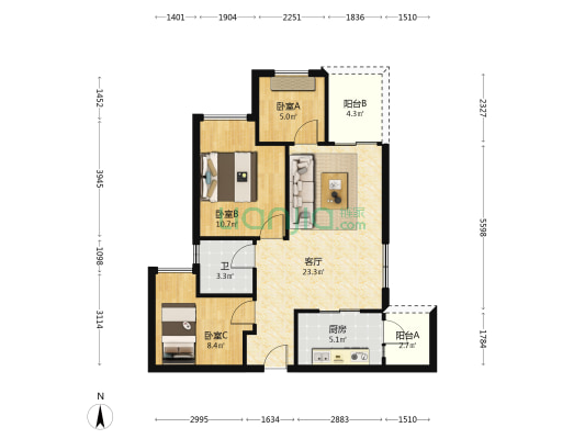 信达九珑郡 3室1厅1卫 77平方