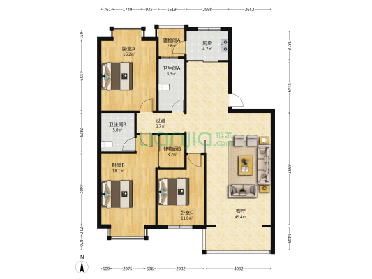 和成花苑 3室1厅2卫 128平方