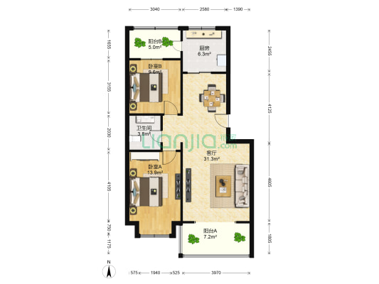 新東亚·城市花园 2室1厅1卫 90平方