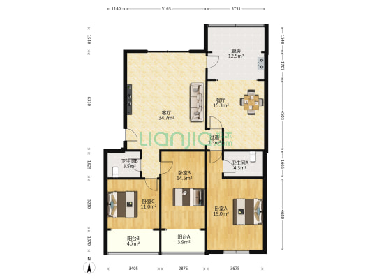 中行家属院 3室2厅2卫 146平方