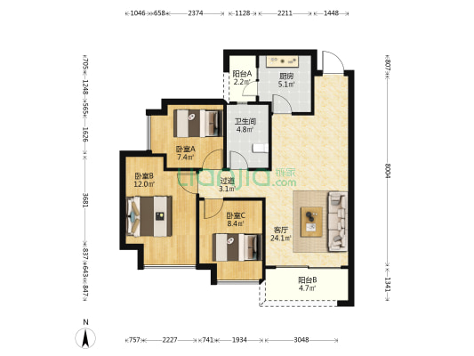 恒大文化旅游城8组团 3室1厅1卫 92平方
