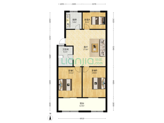 东方花园 3室1厅1卫 106平方
