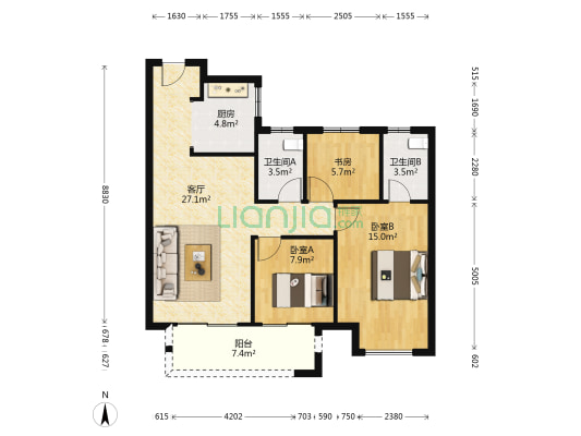 太湖雍华府一期 3室1厅2卫 99平方