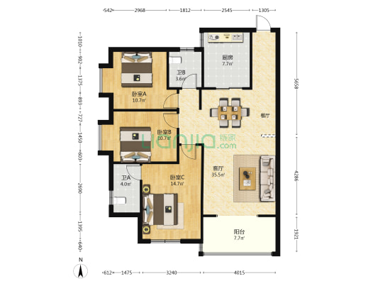 长江一百 3室1厅2卫 119平方